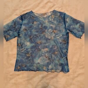 NWOT Blue floral mesh top Size M